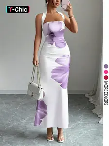 Women'sSummer Halter Tie Waist Slim Fit Printed Mid-Length Dress Womenswear Chic Elegant
