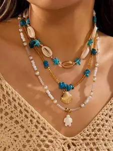 Shell Necklace for Women, Alloy Necklace, Layered Starfish Conch Seashell Pearl Pendant, Waterproof Dainty Beach Jewelry, Boho Style for Summer Vacation