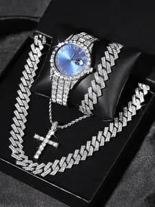 Men's Punk Style Rhinestone Decor Watch & Bracelet & Adjustable Cross Charm Necklace & Cuban Necklace, Trendy Jewelry Set, Exquisite As Gift with Box