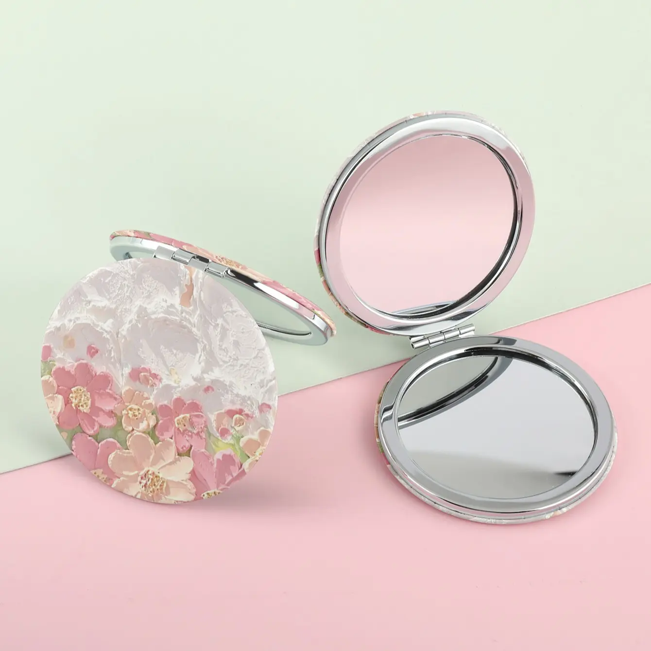 Double-Sided HD Mini Portable Makeup Mirror, Soft Oil Painting Style, Flower Design, PU Leather Foldable, Essential for Students, Travel Makeup Mirror, Cosmetic Mirror