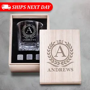 Personalized Name Monogram Whiskey Glass Gift Set - 4 Designs Custom Monogram Gift For Him - Personalized Bourbon Cup - 11 oz Engraved Scotch Glass in Wooden Box - Whiskey Gifts For Men   Drinkware