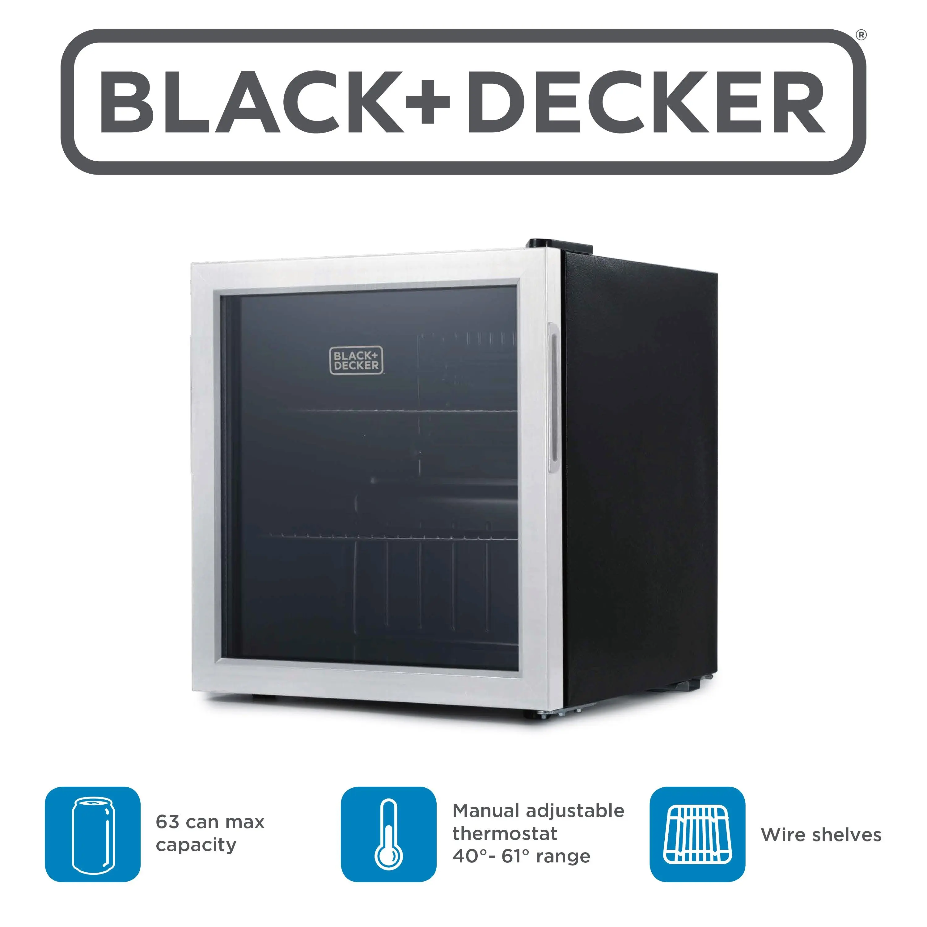 BLACK+DECKER BDB16HS Bisphenol A (BPA)-Free 1.7 Cu. Ft. Compact Beverage Cooler with Double Pane Glass Door, Manual Thermostat Control (40°F-61°F), 63-Can Capacity for Home Bar, Small Spaces