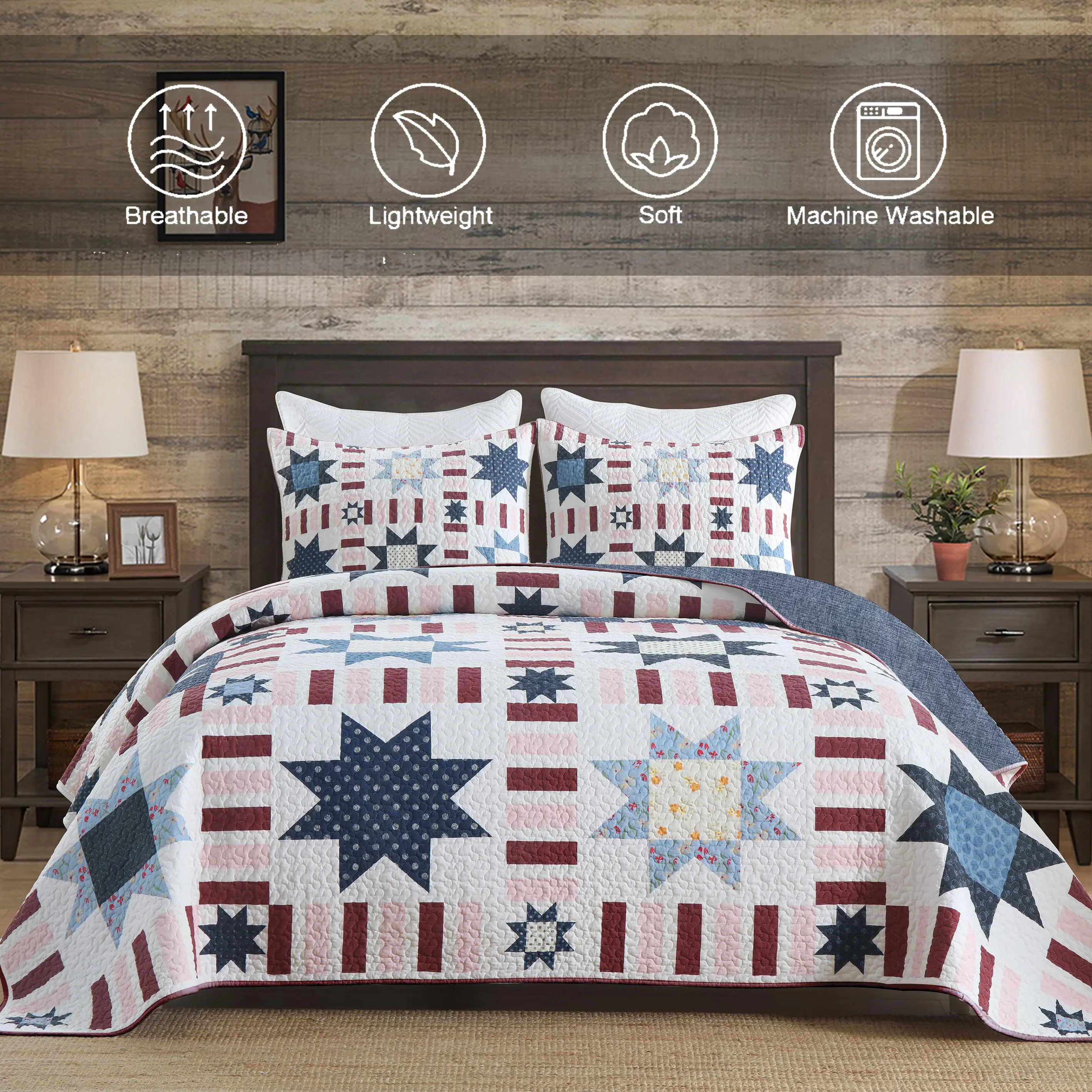 3-Piece Reversible American Flag Star Geometric Patchwork Bedspread Set with Shams, Red White Blue Flat Weave Rectangle Cover, Modern Wrinkle-Resistant Breathable Soft All-Season Lightweight Farmhouse Bedding, Three Pieces
