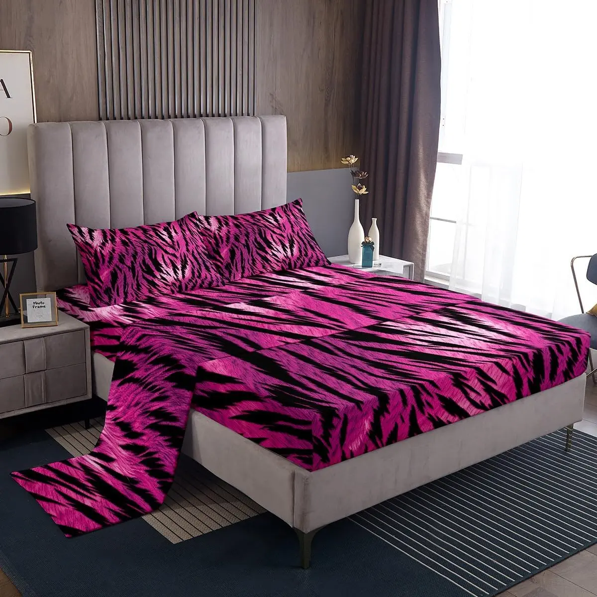 Feelyou Hot Pink Zebra Stripe Microfiber Bedding Sheet Set - Wild Animal Print, Deep Pocket Fitted Sheet (fits up to 16"), Elastic Edge Hold, Color Stays Bright, Fade-Resistant, Soft Skin-Friendly Design