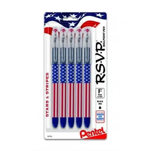 Pentel Stars & Stripes RSVP Ballpoint Pen - 5-Pack, Stainless Steel Tip, Smooth-Writing Office School Supplies for Office, School Use