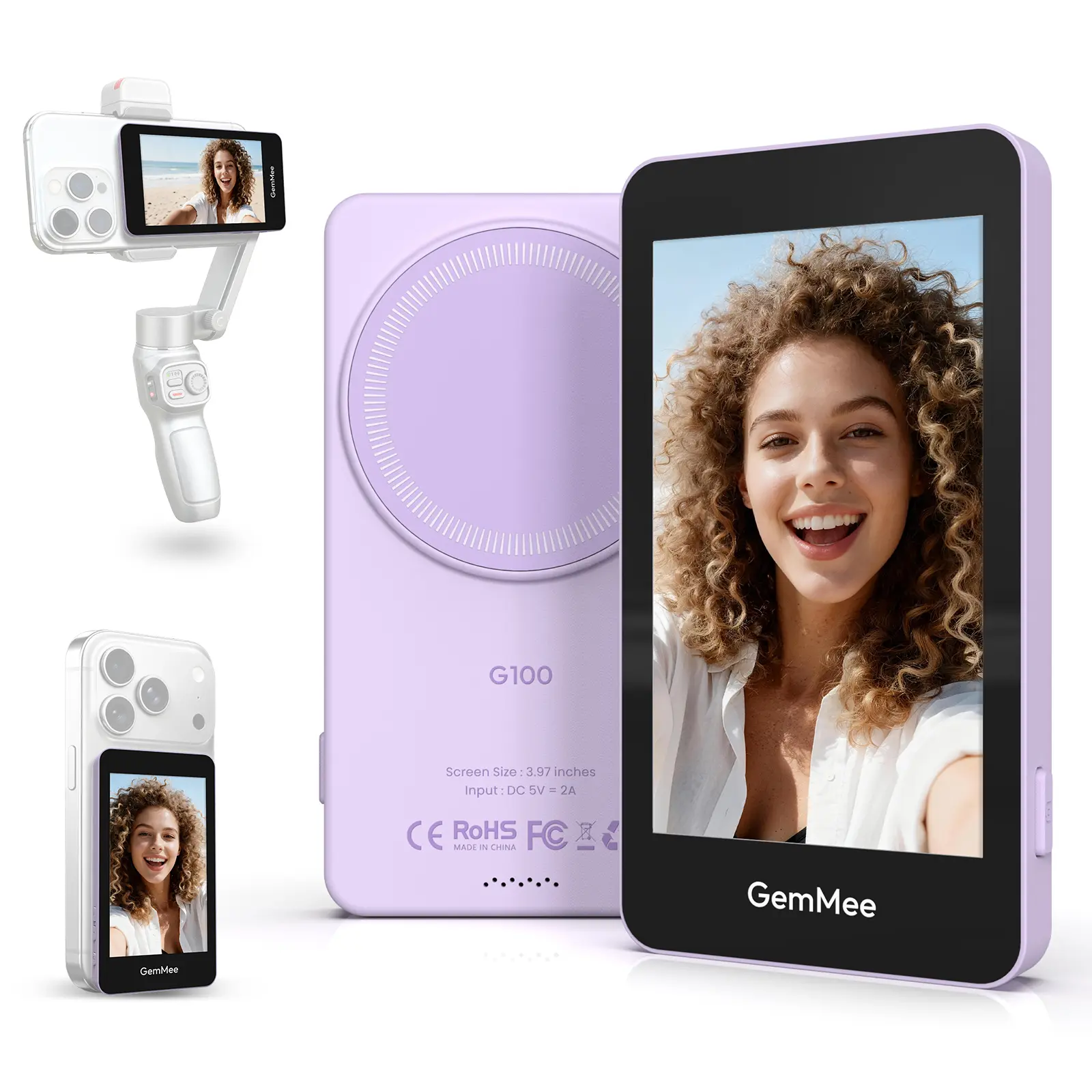 GemMee G100 Magnetic Phone Vlog Selfie Monitor Screen for iPhone Android 4K 60fps Recording with 3000mAh Battery Capacity HD Display Vlogger Content Creator Video Gear Smartphone Cellphone phone accessories content creator tools Filming Livestream Softbox