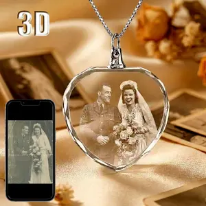 Custom 3D Heart Photo Crystal Necklace, Personalized Laser Engraved Picture Pendant, Retro Old Photo Restoration Jewelry Gift for Family Friend