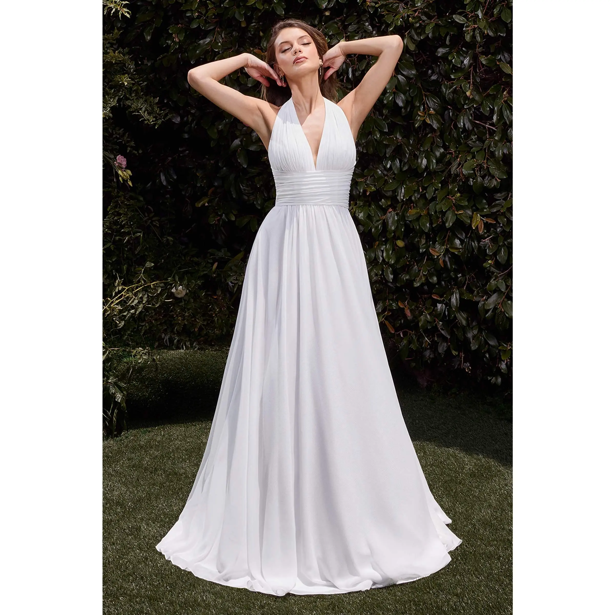 Ladivine CD372W Women's Chic Elegant Soft Satin A-Line Bridal Gown - Halter V-Neck, Sleeveless, Empire Waist, Beaded Gathered Waist, Back Zip, Full Length Formal Dress (Sizes 2-14) for Reception Parties