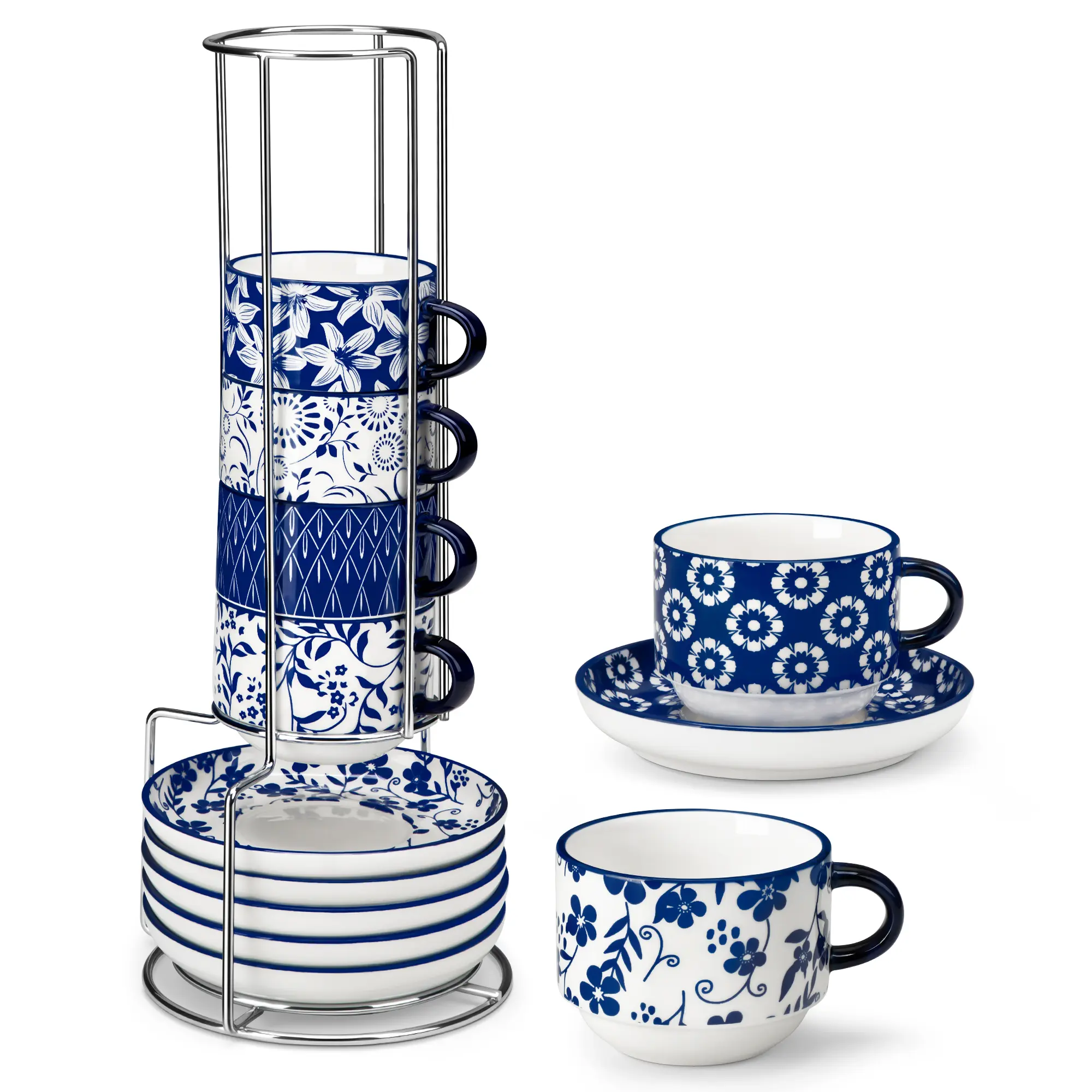 vancasso SELENE Vintage Blue Espresso Cups Set of 6, Porcelain Stackable Cappuccino, Espresso & Tea Cups with Metal Stand, Demitasse Coffee Set, Space-Saving Design for Coffee & Tea Bar, Home Use