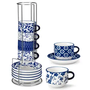 vancasso SELENE Vintage Blue Espresso Cups Set of 6, Porcelain Stackable Cappuccino, Espresso & Tea Cups with Metal Stand, Demitasse Coffee Set, Space-Saving Design for Coffee & Tea Bar, Home Use
