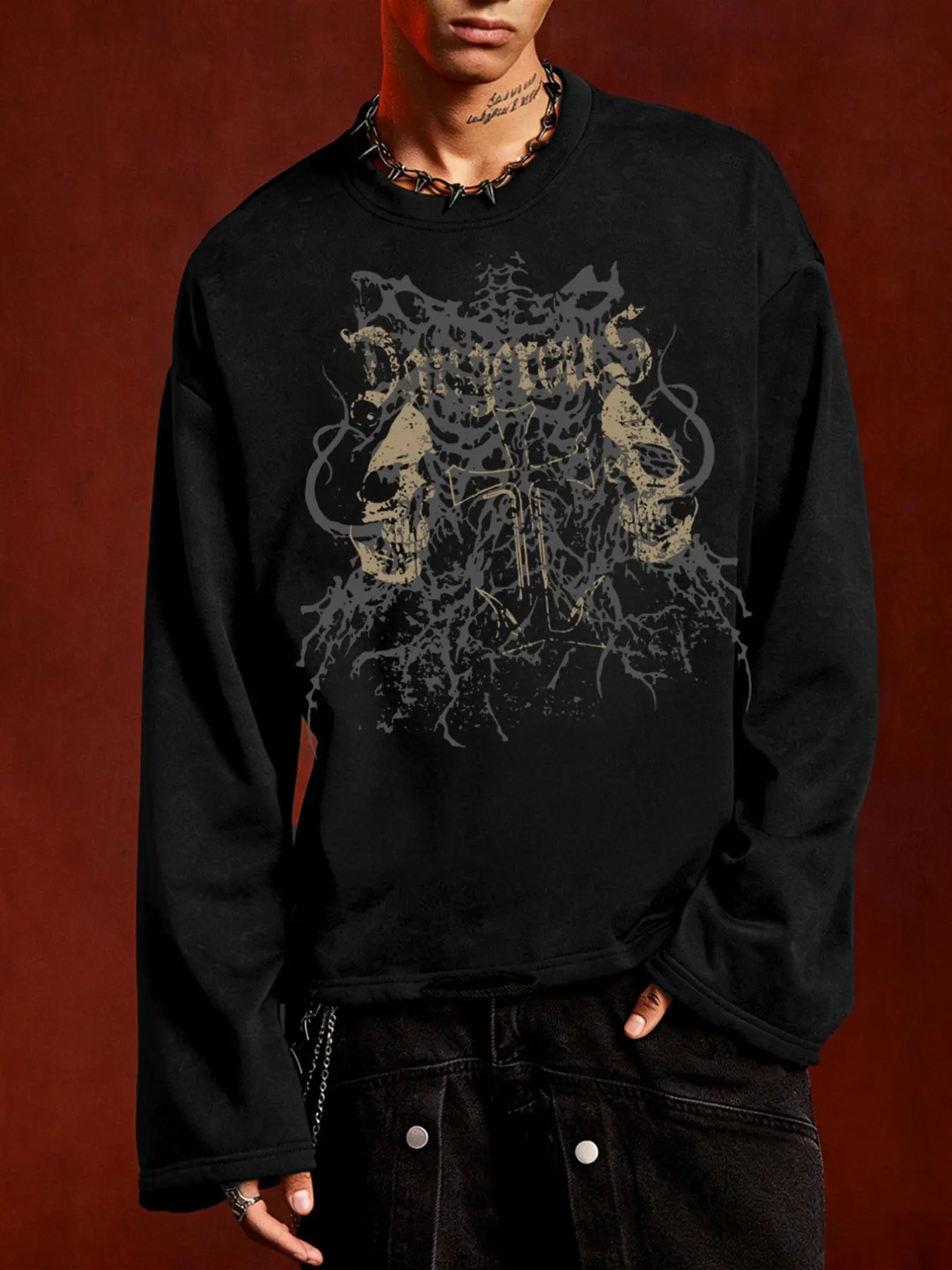 Men's Gothic Skull Print Loose Fit Sweatshirt, Y2K Street Style Long Sleeve Pullover, Spring & Fall Fashion, H-Type Silhouette