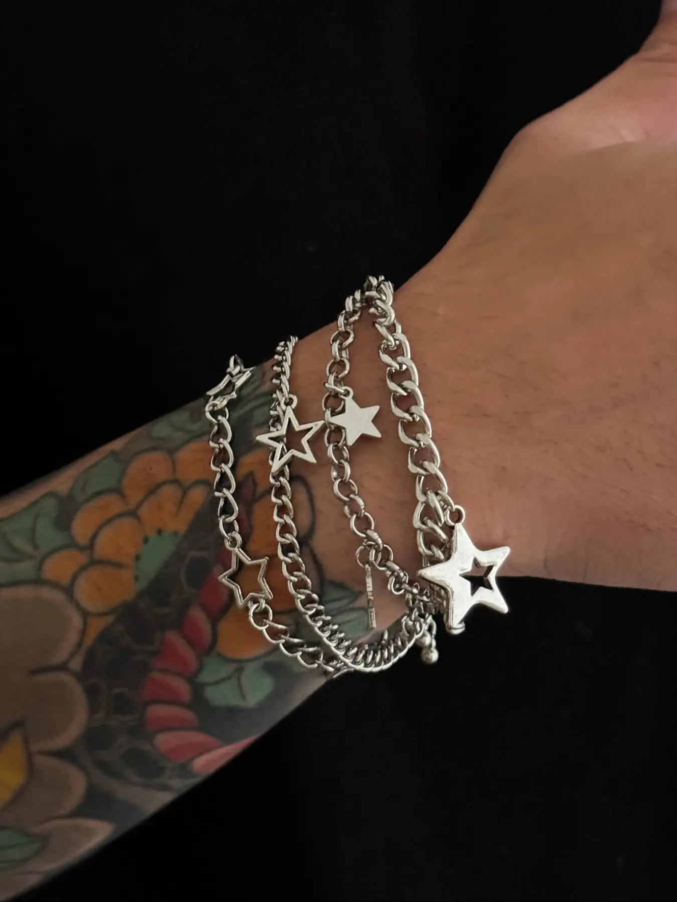 Men's Hip Hop Style Hollow Out Star Stackable Fashion Bracelet Set, Casual Vintage Design Daily Party Metal Bracelets Gift, Layered Bracelet Set, Stacking Bracelet