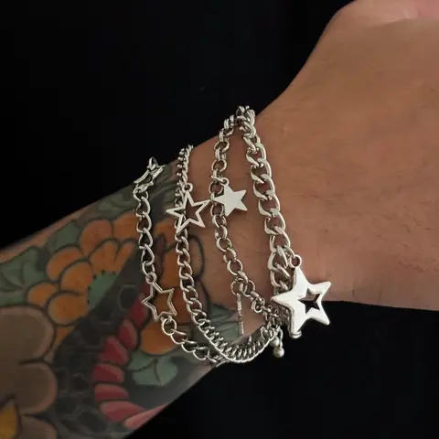 Men's Hip Hop Style Hollow Out Star Stackable Fashion Bracelet Set, Casual Vintage Design Daily Party Metal Bracelets Gift, Stacked Bracelets, Layered Bracelet Set