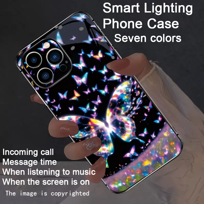 Colorful Butterfly Smart Glowing Phone Case - New Dazzling Trendy Phone Case Suitable for iPhone 16 Pro Max/16e/iPhone 15 Pro Max/iPhone 14 Pro Max/Plus/13/12. Smart voice control, dazzling light, drop protection.