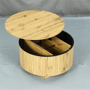 Natural Wood-Tone Round Floating Lift-Top Coffee Table with LED Lighting, 31.5in/15.75in (80cm/40cm) Diameter/Height, Includes LED Light Strip, Hardware Kit, English Instruction Manual