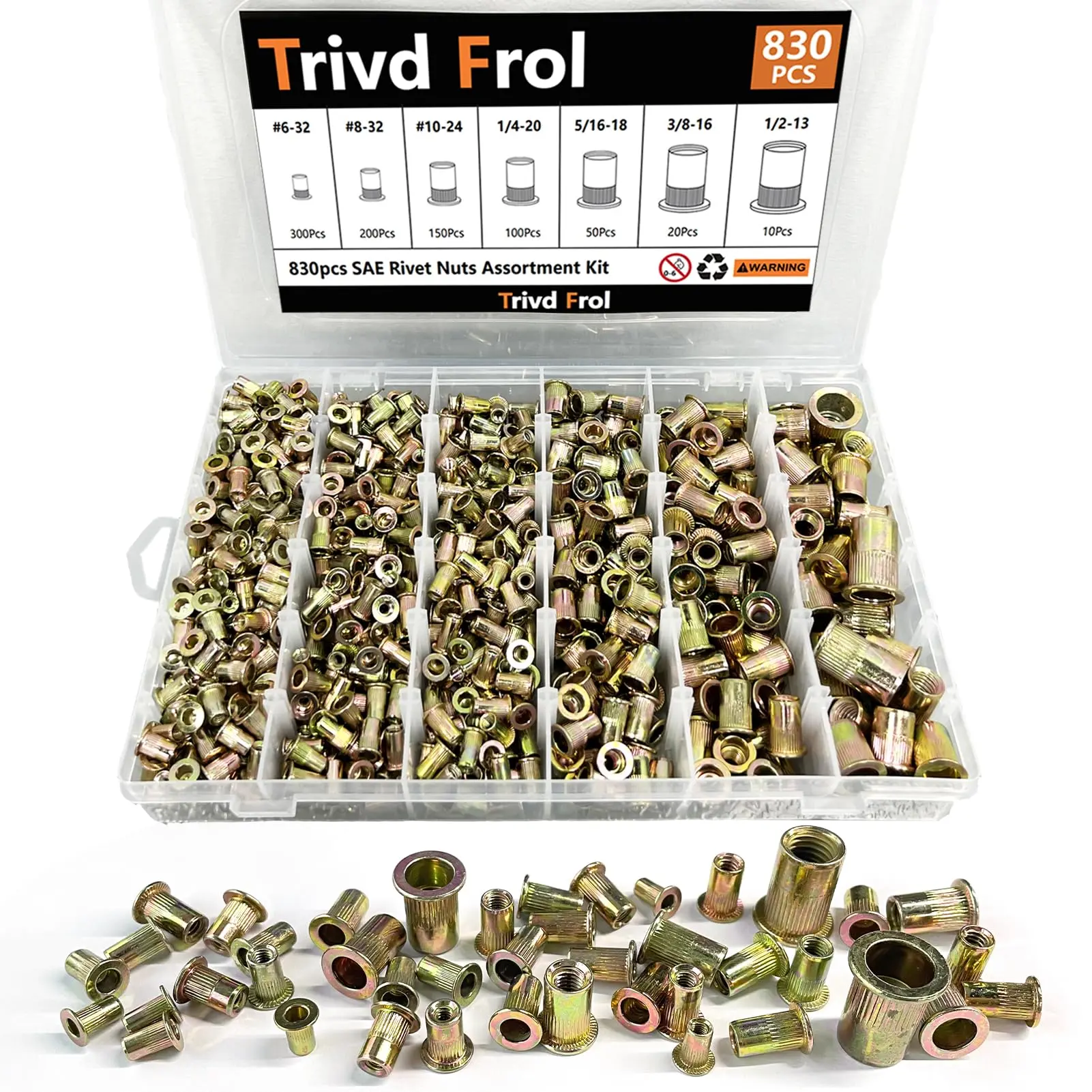 Rivet Nut Tool Kit, 830pcs SAE/Metric Rivet Nut Assortment Kit M3, M4, M5, M6, M8, M10, M12, (Metric - 830pcs) #6-32、#8-32、#10-24、1/4-20、5/16-18、3/8-16、1/2-13，(SAE - 830pcs)Galvanized Carbon Steel Flat Head Threaded Insert Nuts bow go Metal Riveting