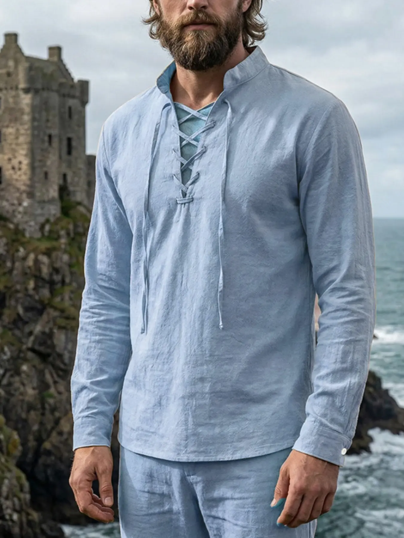 Men's linen stand-collar long-sleeved shirt - Casual Collared Shirt, Pure color, Plain, soft fabric, 190 grams in weight, comfortable and breathable, drawstring at the collar opening design, suitable for casual wear and daily comfort