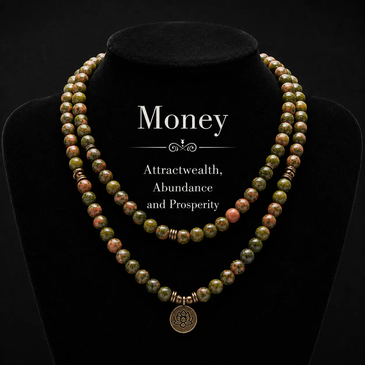 Unakite Healing Crystal Stone 108 Mala Beads Handmade Stacked Elastic Money Attraction Bracelet - Natural Stone Mindfulness Long Beaded Wrap  Genuine Gemstone Mala Prayer Beads Lotus Buddha Charm Yoga Japamala Jewelry Necklace , Elegant with Lotus Pendant