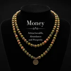 Unisex  108 Mala Beads, Handmade Stacked Elastic Wrap Bracelet & Necklace, Genuine Healing Crystal with Lotus Buddha Charm, Money Attraction Yoga Meditation Gift