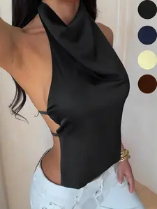 Women's Summer Fashion Satin Halter Neck Backless Top, Casual Plain Tank Top, Fitted Sleeveless Blouse, Daily Wear, Stylish and Comfortable