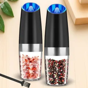 Stainless Steel Gravity Electric Salt and Pepper Grinder Set, Salt and Pepper Grinder with One-Hand Operation Adjustable Coarseness, Battery Powered, with LED Light, Convenient Spice Jar, Salt Pepper Shakers