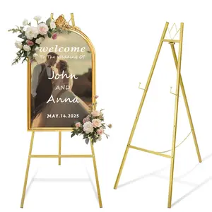 Gold Easel Stand for Sign–Adjustable Floor Heavy Duty Metal Display Easel for Wedding Signs, Art, Posters, Pictures Welcome Signs 4-Tier Height Commercial Display Easel for Parties & Galleries
