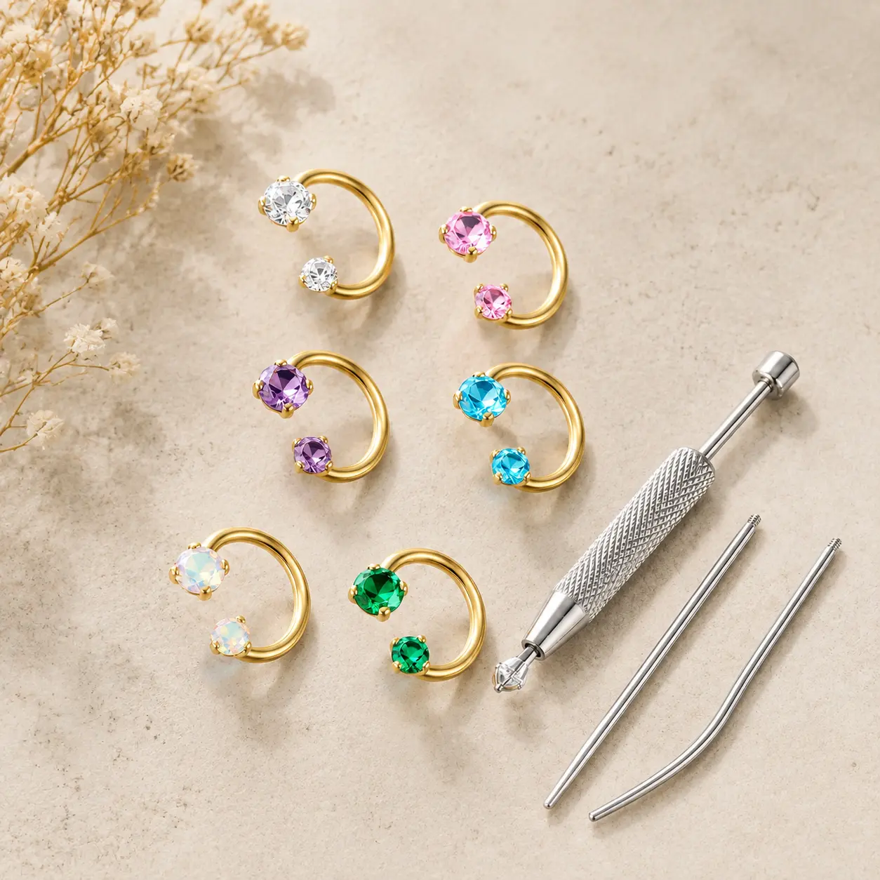 Women's 6-Pack 8MM Internally Threaded Double Gem Stainless Steel Horseshoe Body Jewelry Set, Gold & Silver Nose Piercing Hoops for Ear, Labret Lip Piercings