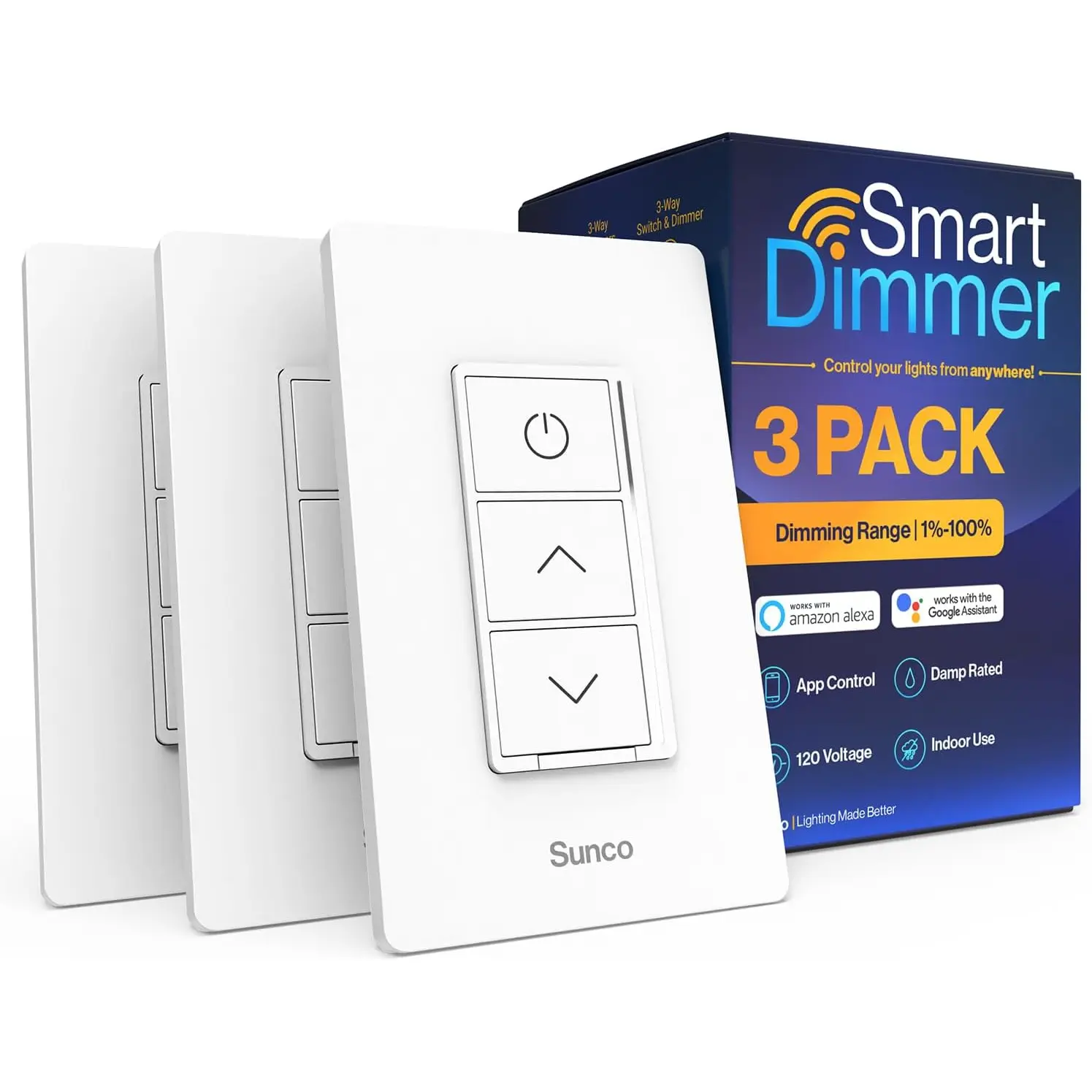 Sunco 3 Pack, WiFi Smart Dimmer Switch, Double Rocker