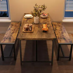 【Christmas Gift】Brown Dining Table Set for 4, Kitchen Table with 2 Metal Wood Benches, Rectangular Room Dining Table Set, 3 Piece Farmhouse Kitchen Table Set for Small Space, Apartment, Studio, Rustic Brown