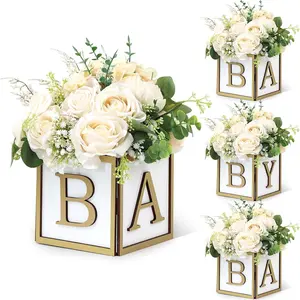 4pc golden baby shower party table centerpiece flower box, wooden box with the letters BABY, suitable for gender revealing parties, wedding centerpieces (without flowers)