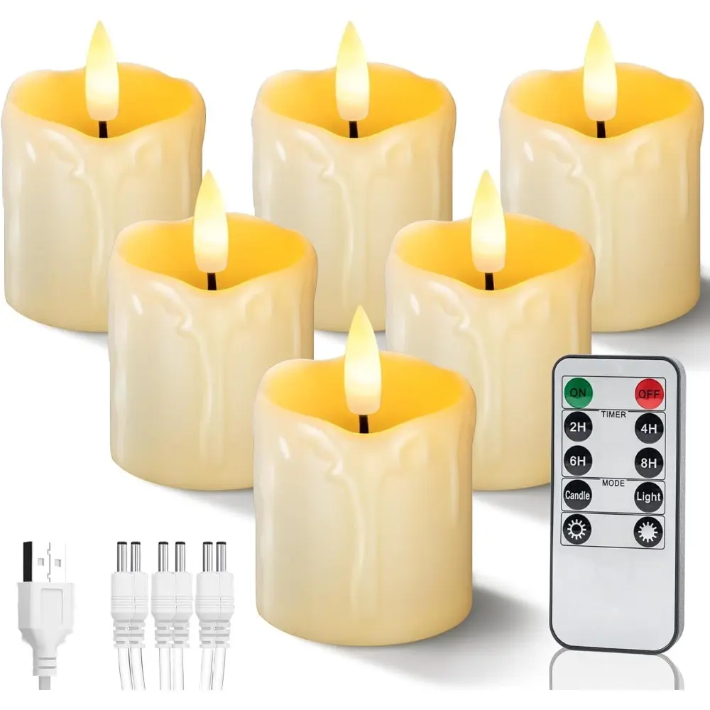 6-Pack Rechargeable Flameless Votive Tea Candles, 2"x2" Realistic Warm White LED Energy Saver with Timer Remote, USB Cable, Kids-Friendly Decorative Mood Lights (Remote Controls All Candles) for Home, Weddings, Party Lights