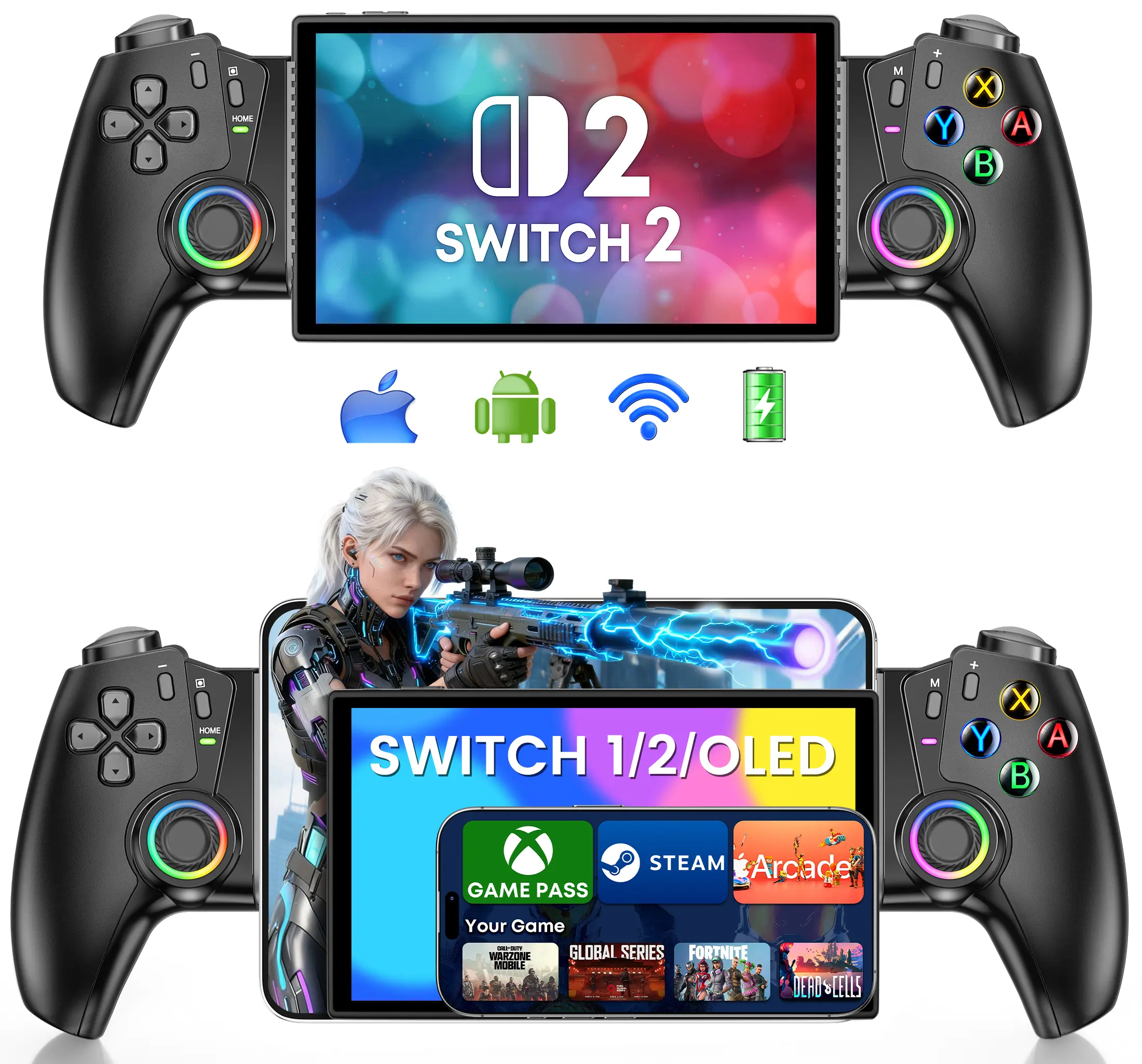 BEBONCOOL Wireless Pro Bluetooth Controller for Switch 2/Switch OLED, Mobile Accessories with Hall Effect Joystick, LED Lights, Custom Grip, Responsive Buttons – Compatible with iPhone/Android for Xbox Cloud, Steam Link, Game, Console