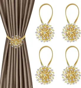4PCS Golden Magnetic Curtain Tiebacks, Crystal Flower Curtain Buckle Decorative No Drilling Drapery Holdbacks Holders with High-Elastic Spring Wire for Home Office Decor