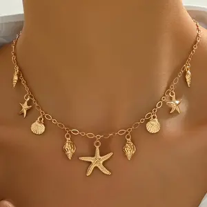 European and American cross-border summer beach ocean style starfish shell pendant necklace popular Bohemian style collarbone chain for women