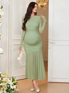 MISHELLA Elegant & Youthful Round Neck Long Sleeve Long Bodycon Dress For Pregnant Women