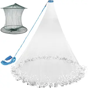 Cast Net for Fishing with Shrimp Cage, Freshwater Saltwater 3/4/5/6/7/8/9/10Ft Radius Casting Net Bait Trap Fish, Heavy Duty Sinker, 3/8 Inch Mesh Size