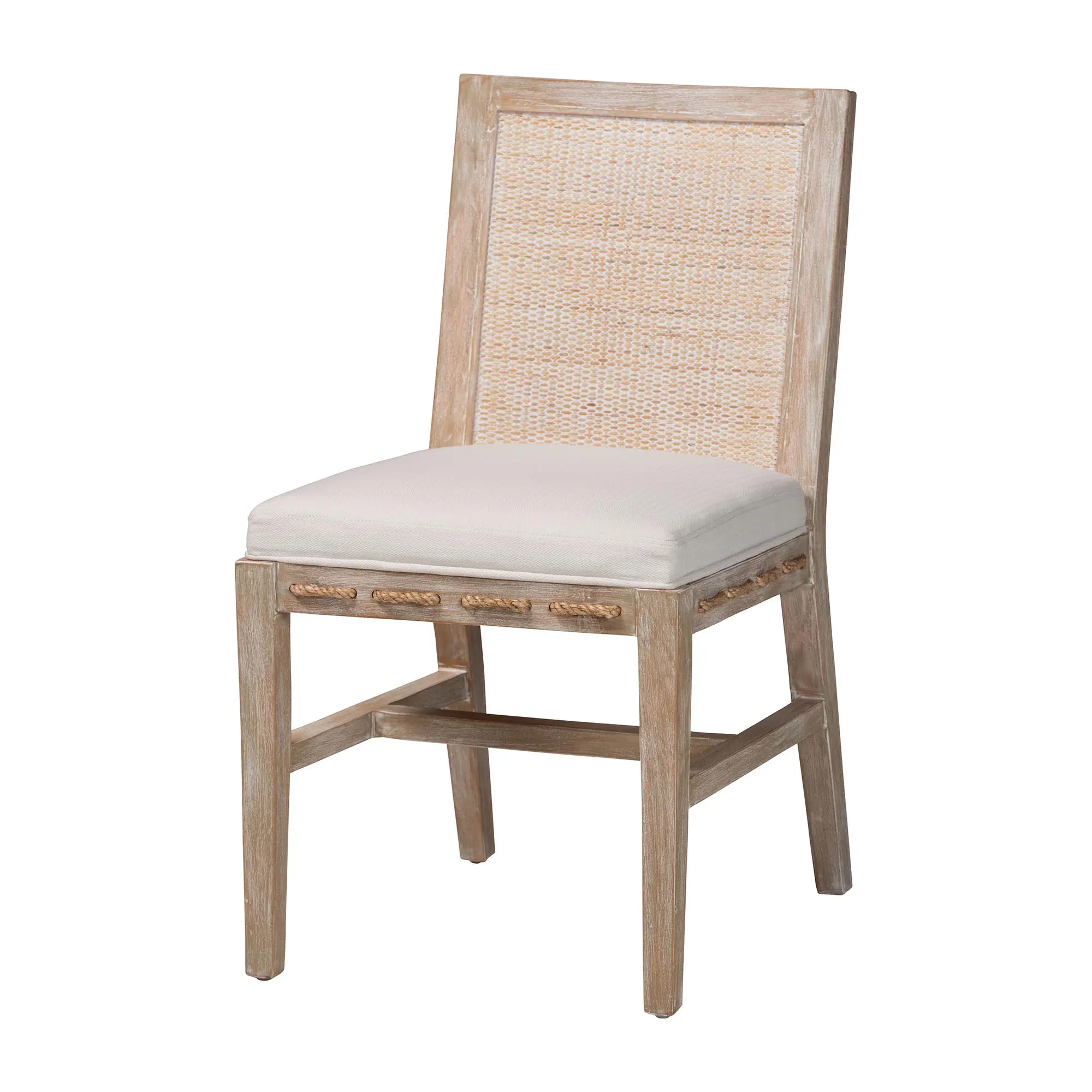 Bali & Pari Ashford Whitewash Rattan Dining Chair - Single Seat Without Arms, Solid Mahogany Wood Frame, Handwoven Wicker Backrest, Braided Rope Inserts, Formaldehyde-Free for Coastal Spaces