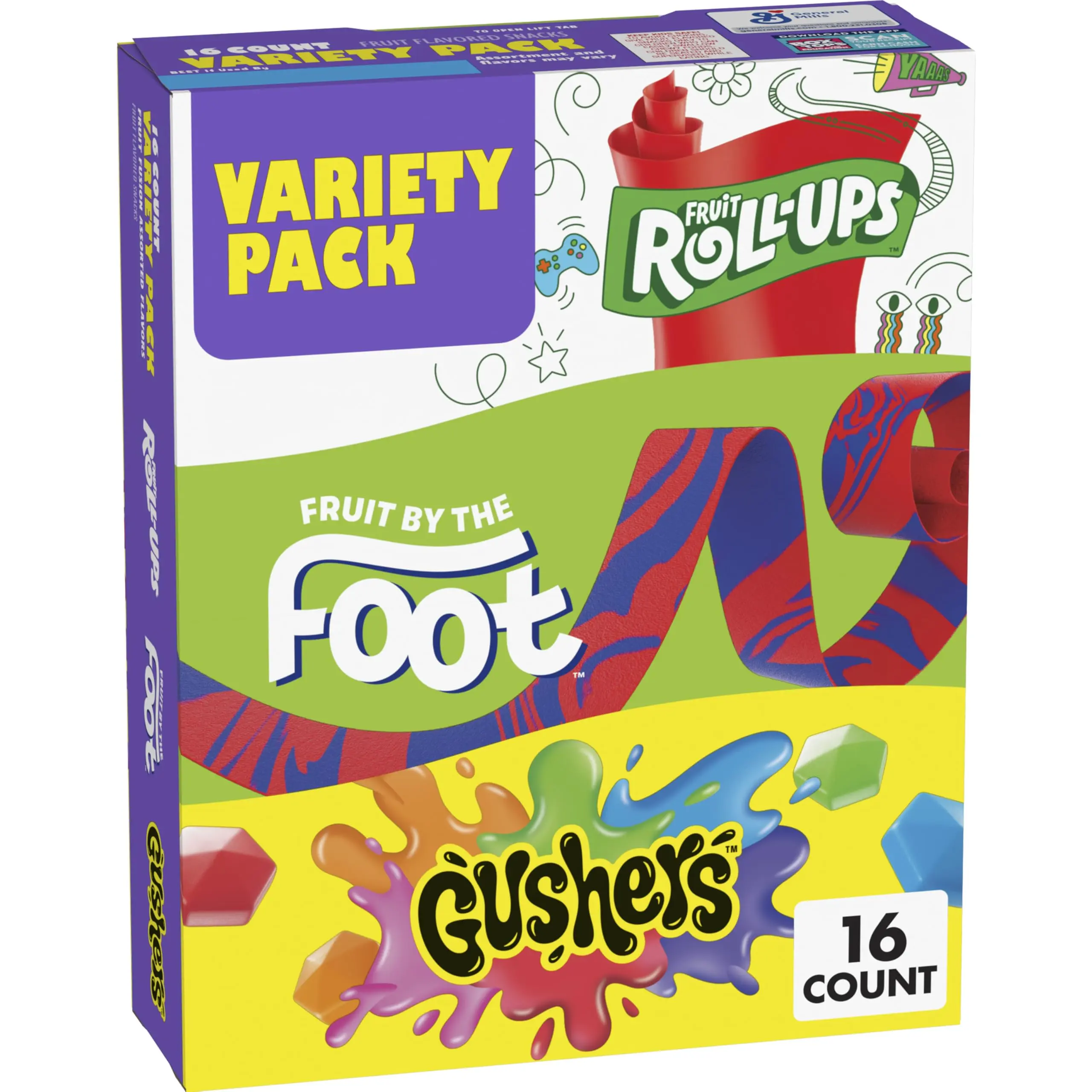 Fruit by the Foot, Gushers, Fruit Flavored Snacks Variety Pack, Gluten Free, Stocking Stuffer, 16 Ct, 10.2 oz fruit snacks