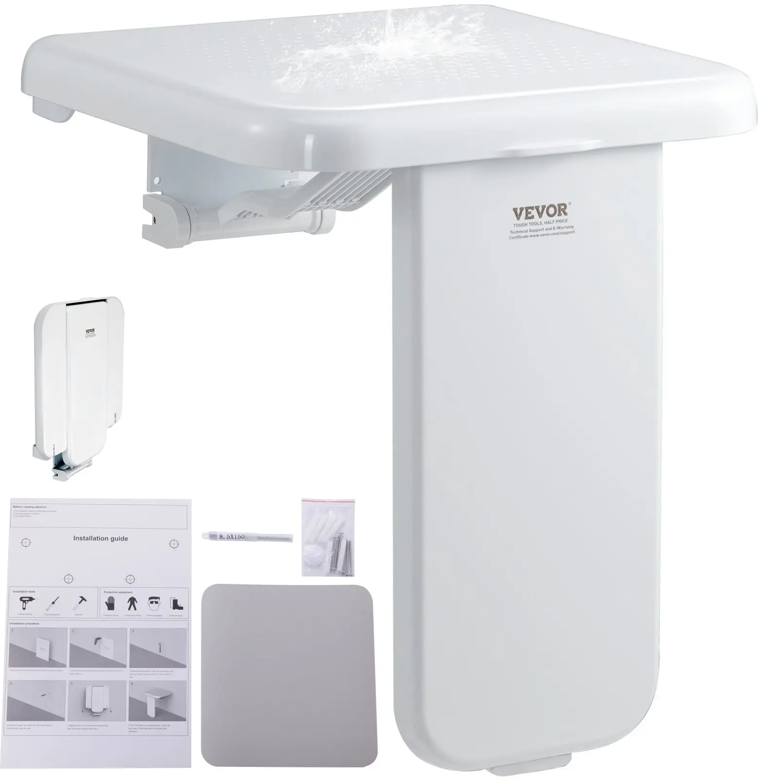 【Summerfinds】VEVOR Folding ABS Shower Seat, 15.7'' x 16.7'' Unfolded, Wall Mounted Fold Up Shower Bench with 440 lbs Load Capacity, Space Saving Fold Down Shower Chair for Seniors Pregnant Women Children Adults