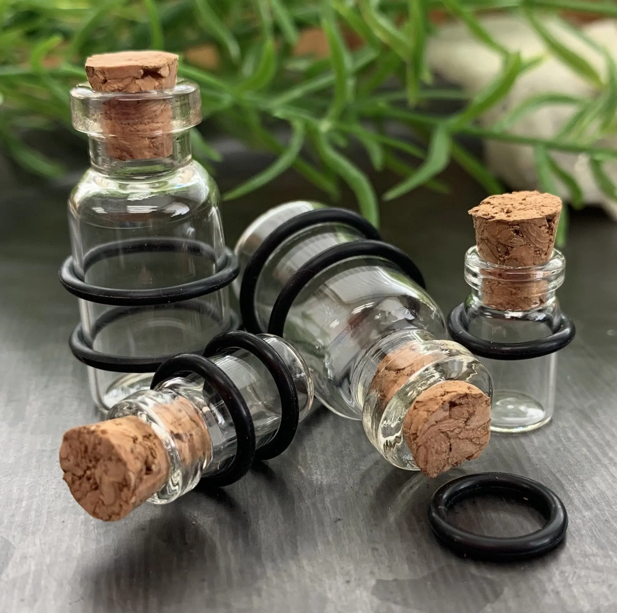 PAIR of Unique Clear Glass Corked Bottle Tunnels/Plugs with O-Rings - Gauges 00g (10mm) thru 5/8" (16mm)