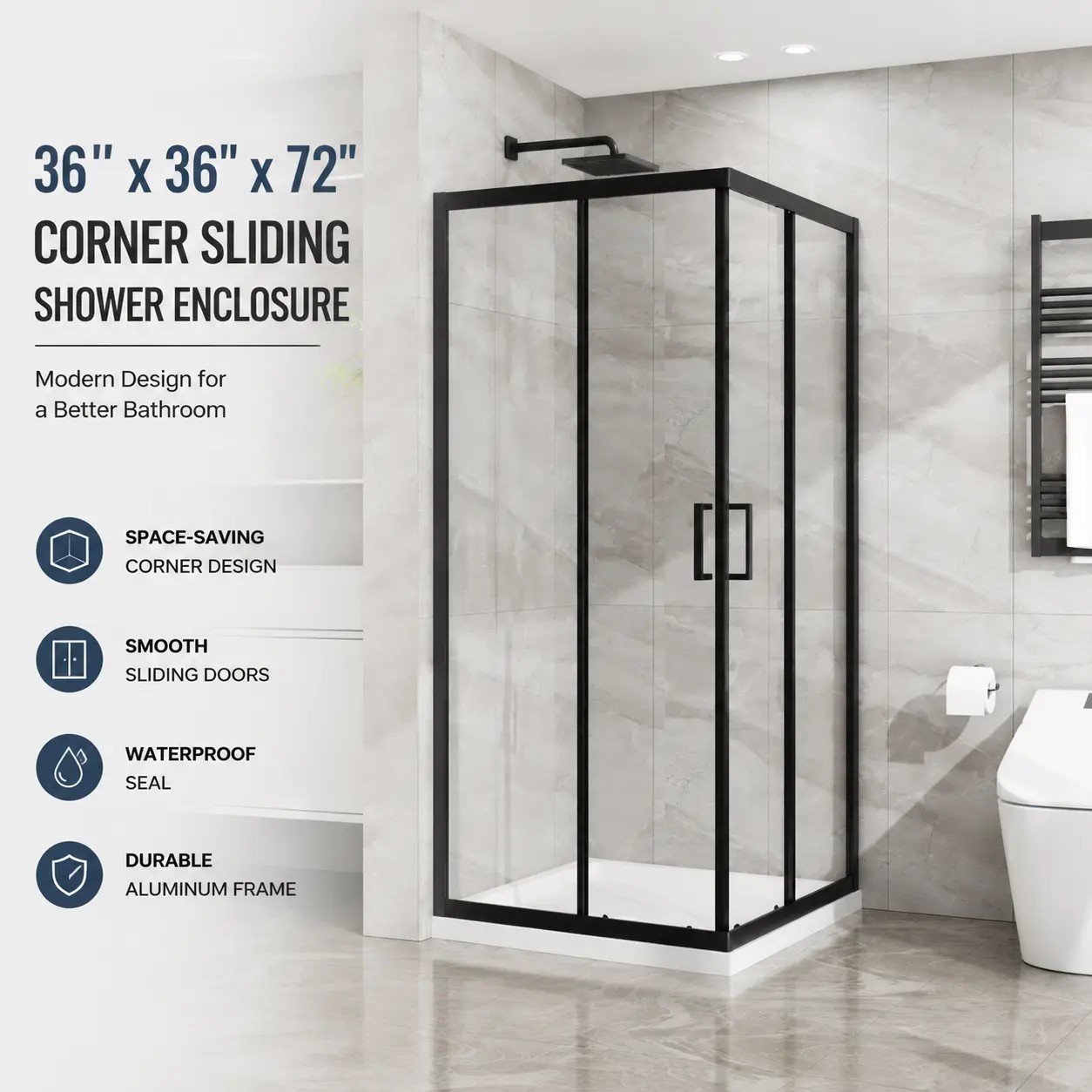 36" x 36" x 72" Corner Sliding Shower Enclosure, 5mm Clear Tempered Glass, Black Aluminum Frame, Double Sliding Shower Door