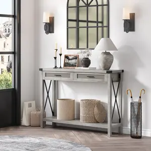 Entryway Table, Console Table with Rattan Drawers, 43" Boho Rattan Entryway Table with Storage, Living Room, Hallway, Foyer-Burlywood