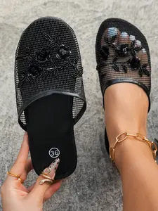 Women’s Classic Retro Handmade Beaded & Floral Sandals – Lightweight, Breathable Mesh, Indoor/Outdoor Bohemian Style Fashion Mules, Black