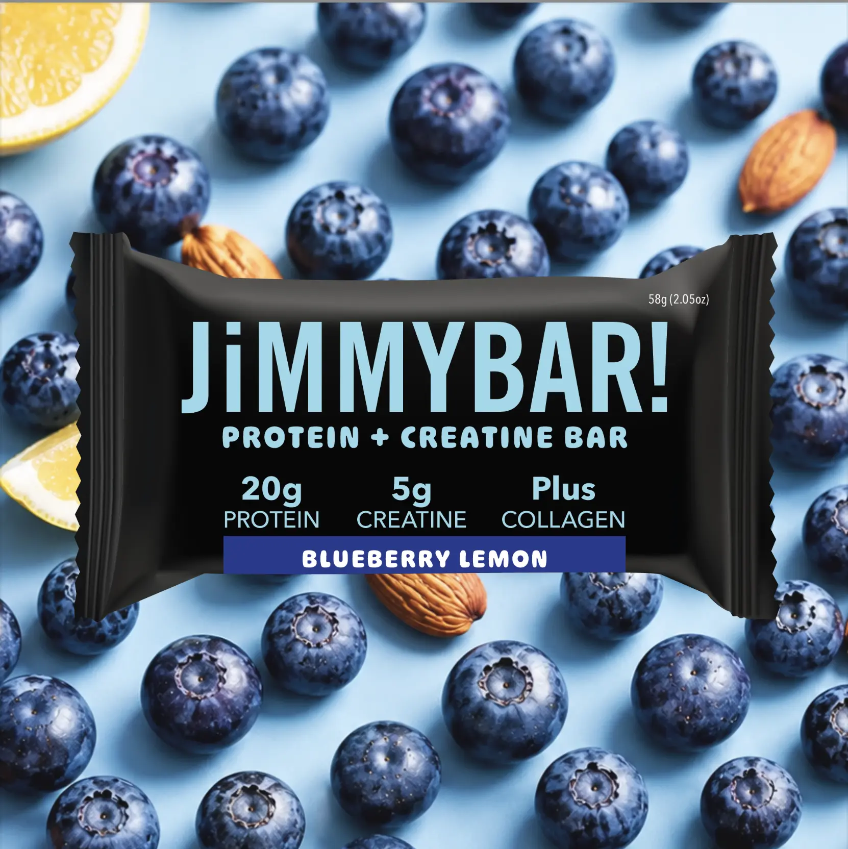 JiMMYBAR! Blueberry Lemon Creatine Collagen Protein Bar - 20g Protein, 5g Creatine - Gluten-Free, Peanut-Free - 12/24 Packs Box - Healthy Snacks with Natural Ingredients & Homemade Almond Butter Base
