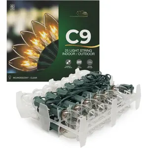 C9 26ft Indoor/Outdoor Clear Incandescent Christmas String  with 25 Bulbs and E17 Base | 120V, 7W