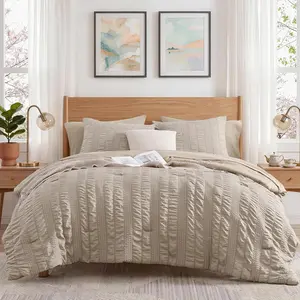 King Size Comforter Set, 7 Pieces Oatmeal Seersucker Bed in a Bag King Soft All, King Bedding Sets with Comforter, Flat Sheet, Fitted Sheet, 2 Pillow Shams, 2 Pillowcases