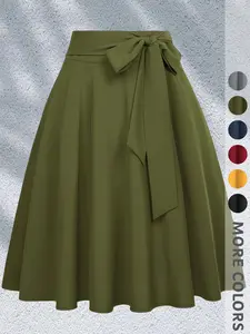High Waist A-Line Belted Skirt, Solid Color Side Pocket Invisible Zipper Design, Elegant Fashion Commute Versatile Dress