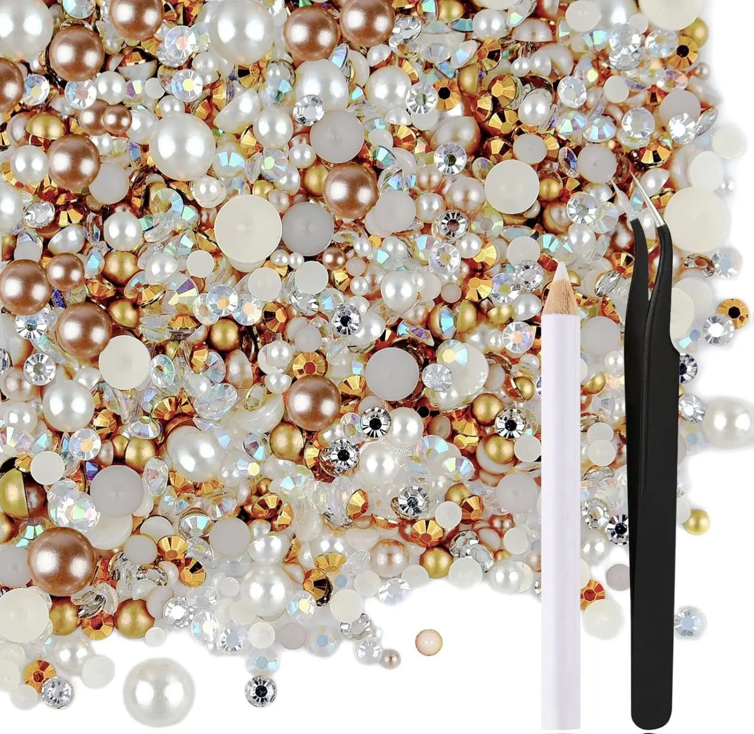 50g Champagne Gold Flatback Rhinestones & Half Pearls, Mixed 3-10mm Resin Gems for DIY Eye Makeup, Scrapbooks, Nail Art & Decorating Bags, Kit with Tools, Tumblers, Glamorous, Mother's Day, Greeting Cards, Resin Beads, Mixed Set