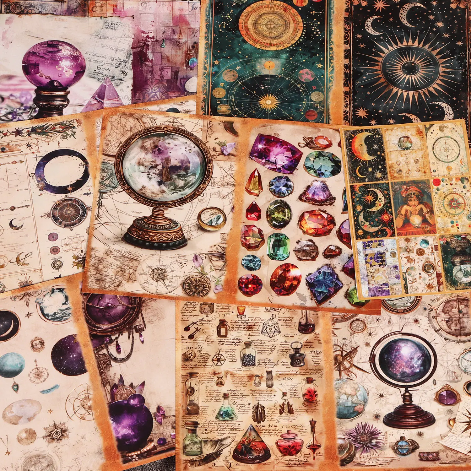 JAIIMAN 58pieces, 12 A5 papers and 46stickers Vintage DIY Decor Scrapbook Paper Set, Vintage Material Paper, Magic Crystal Design, Notebook Covers, Scrapbooking Supplies, Scrapbook Accessories, DIY Crafts, Holiday Decorations