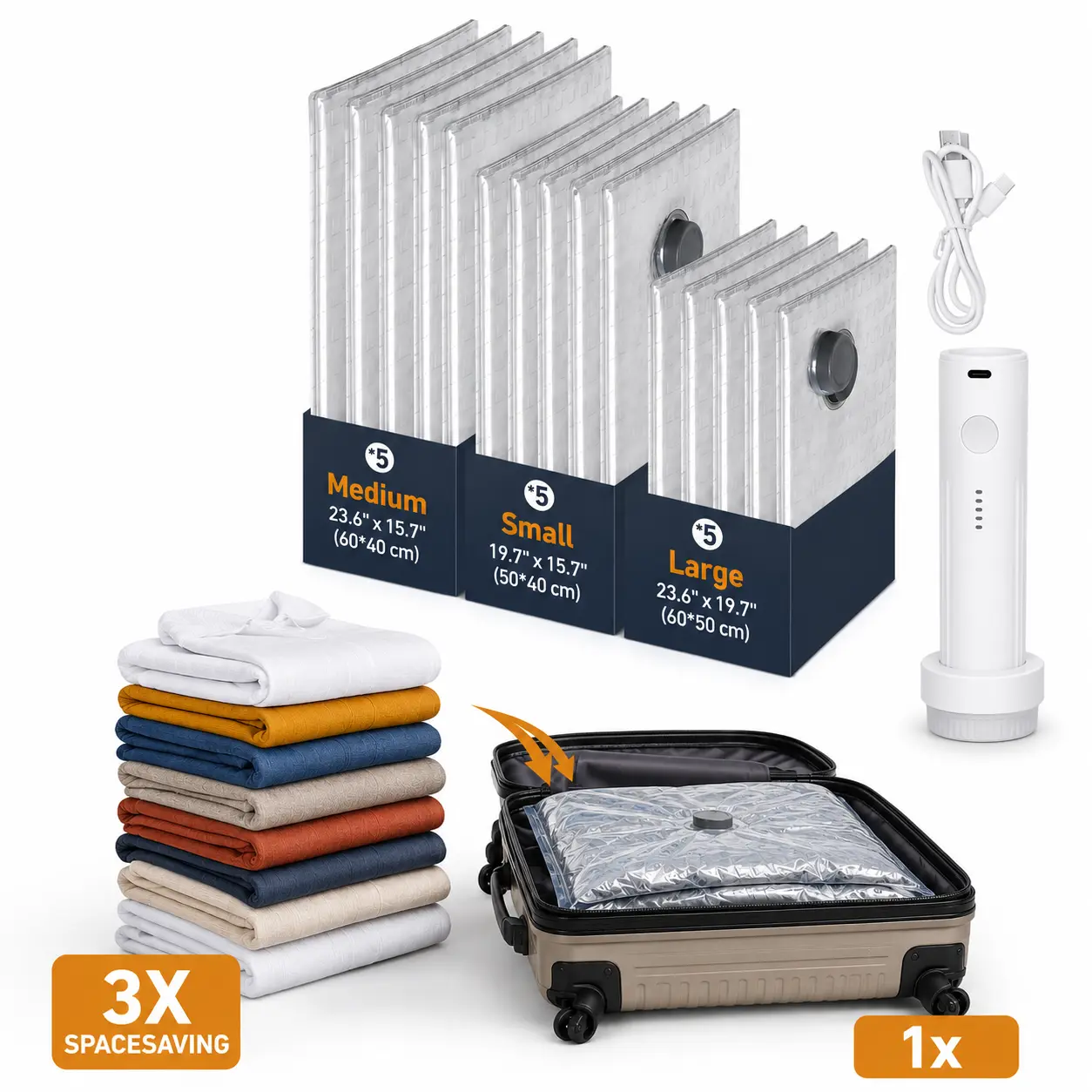 2026 Upgraded X7 Cordless Vacuum Bag Set – Summer Travel Compression Bags with Rechargeable Pump, 15 Pack/9Pack Carry-on Packing Bags for Suitcase & Luggage Space Saving